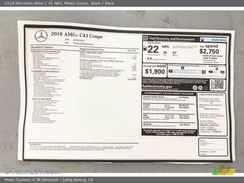  2018 C 43 AMG 4Matic Coupe Window Sticker