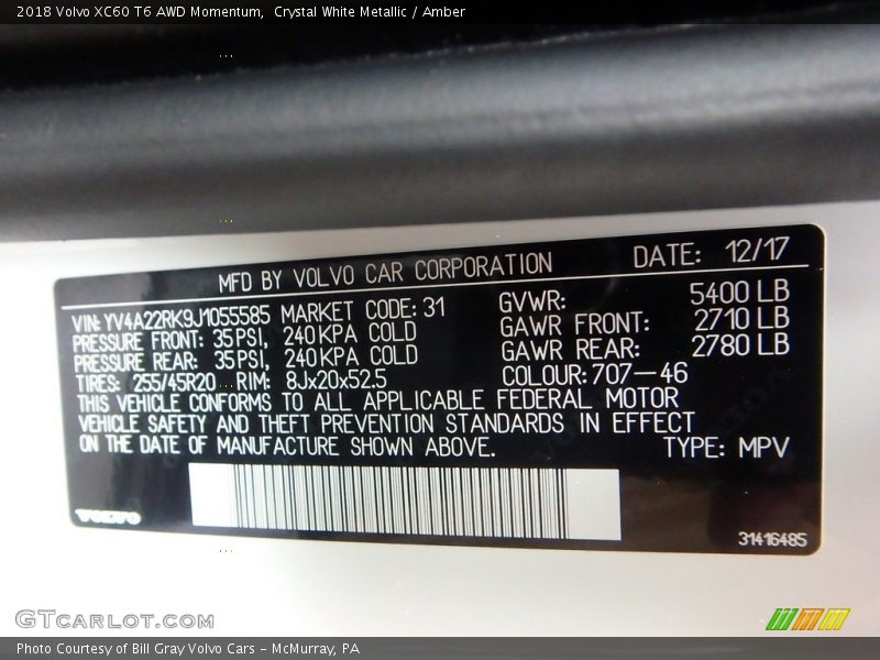 Crystal White Metallic / Amber 2018 Volvo XC60 T6 AWD Momentum