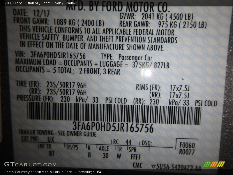 Ingot Silver / Ebony 2018 Ford Fusion SE