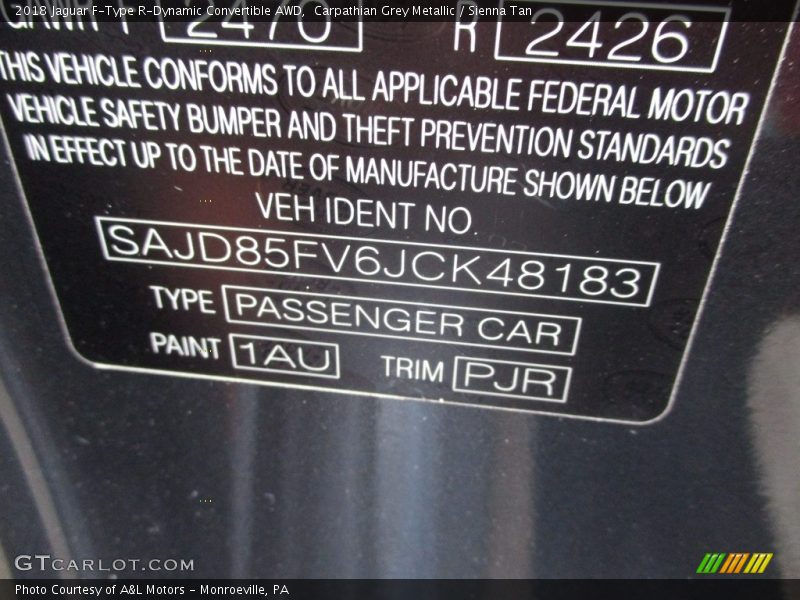 2018 F-Type R-Dynamic Convertible AWD Carpathian Grey Metallic Color Code 1AU