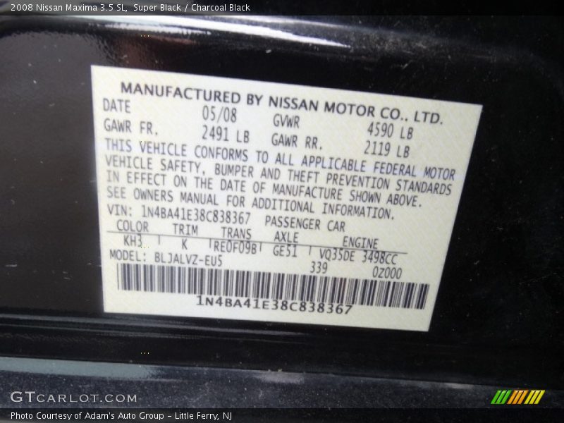 Super Black / Charcoal Black 2008 Nissan Maxima 3.5 SL