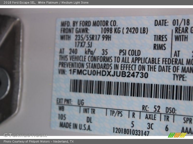 White Platinum / Medium Light Stone 2018 Ford Escape SEL