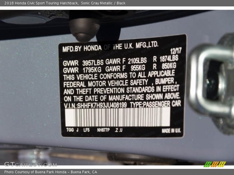 2018 Civic Sport Touring Hatchback Sonic Gray Metallic Color Code NH877P