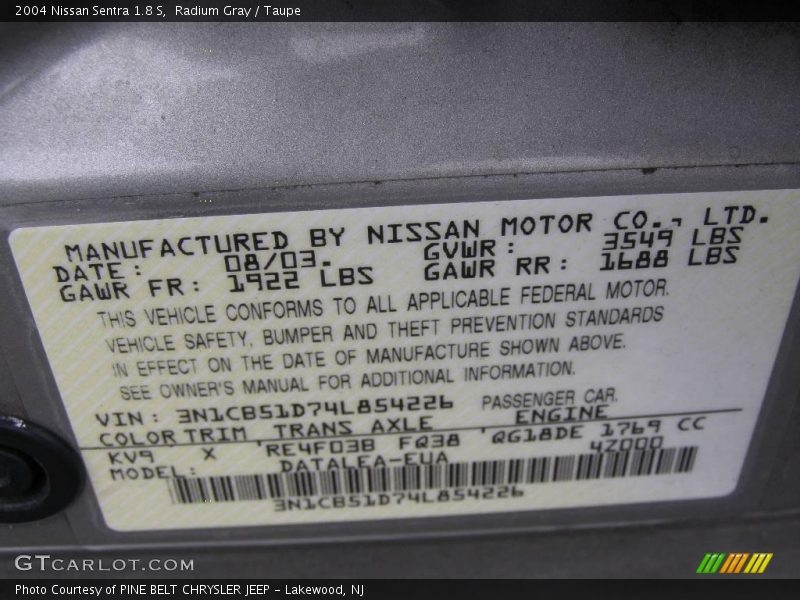 Radium Gray / Taupe 2004 Nissan Sentra 1.8 S