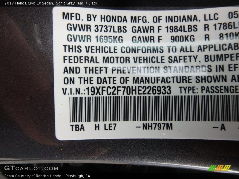 Sonic Gray Pearl / Black 2017 Honda Civic EX Sedan