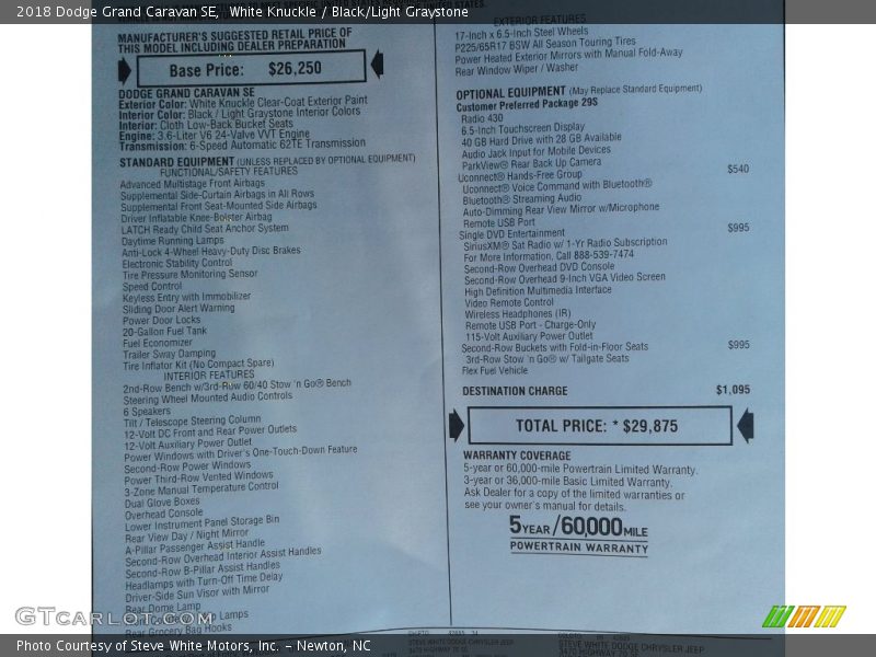 White Knuckle / Black/Light Graystone 2018 Dodge Grand Caravan SE