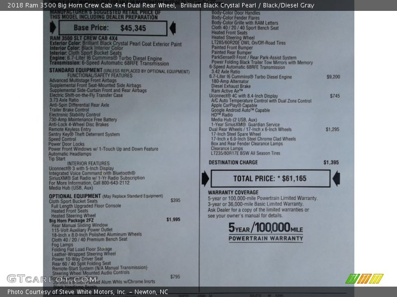 Brilliant Black Crystal Pearl / Black/Diesel Gray 2018 Ram 3500 Big Horn Crew Cab 4x4 Dual Rear Wheel