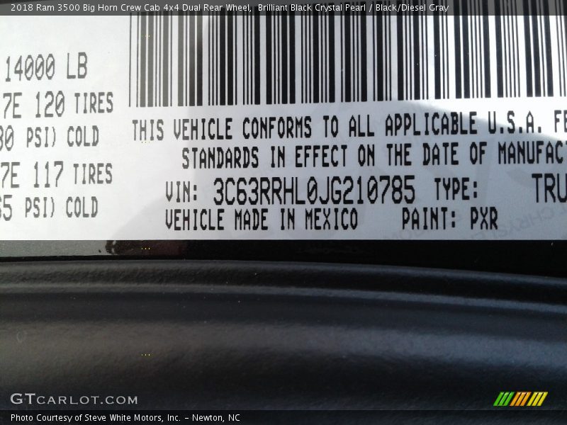 Brilliant Black Crystal Pearl / Black/Diesel Gray 2018 Ram 3500 Big Horn Crew Cab 4x4 Dual Rear Wheel