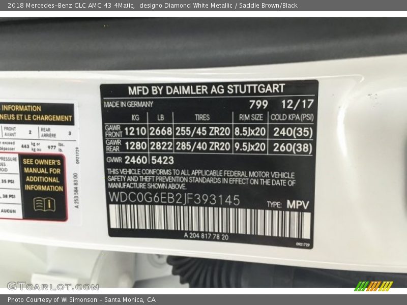 2018 GLC AMG 43 4Matic designo Diamond White Metallic Color Code 799