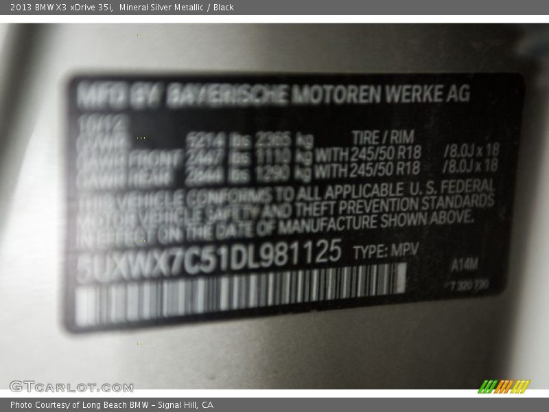 Mineral Silver Metallic / Black 2013 BMW X3 xDrive 35i