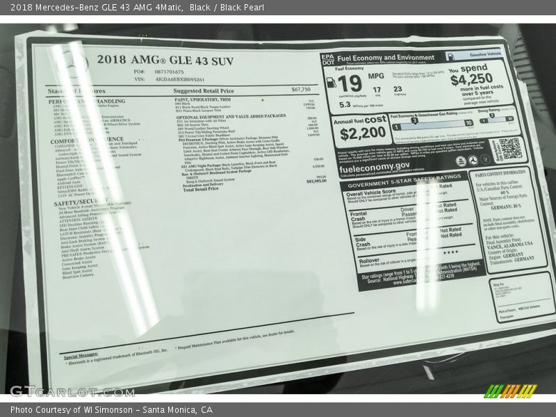  2018 GLE 43 AMG 4Matic Window Sticker