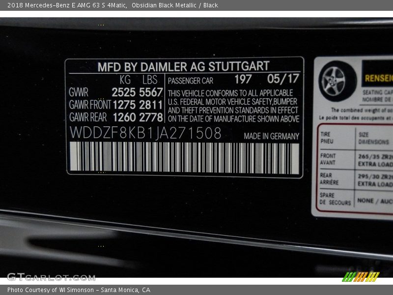 2018 E AMG 63 S 4Matic Obsidian Black Metallic Color Code 197