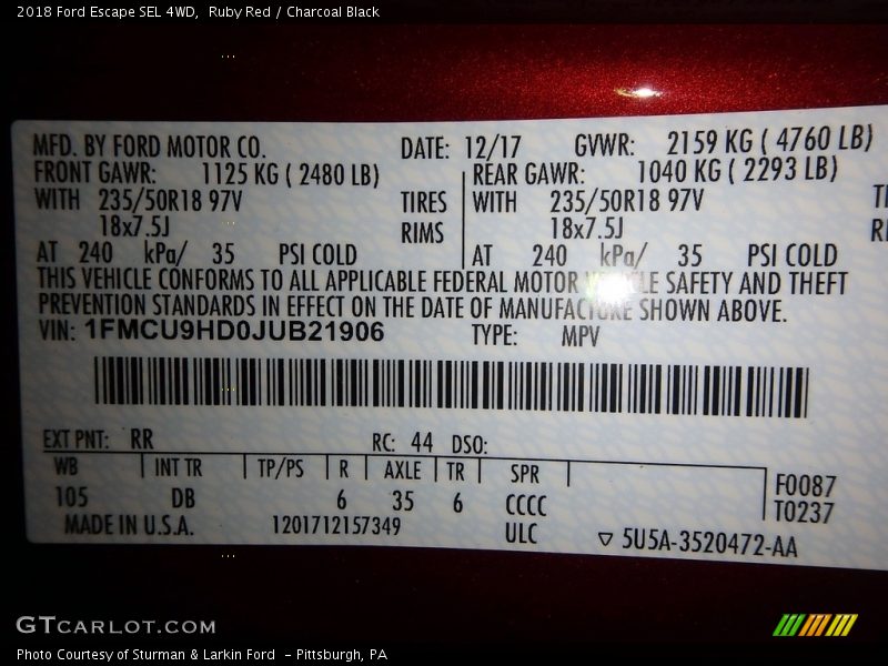 Ruby Red / Charcoal Black 2018 Ford Escape SEL 4WD