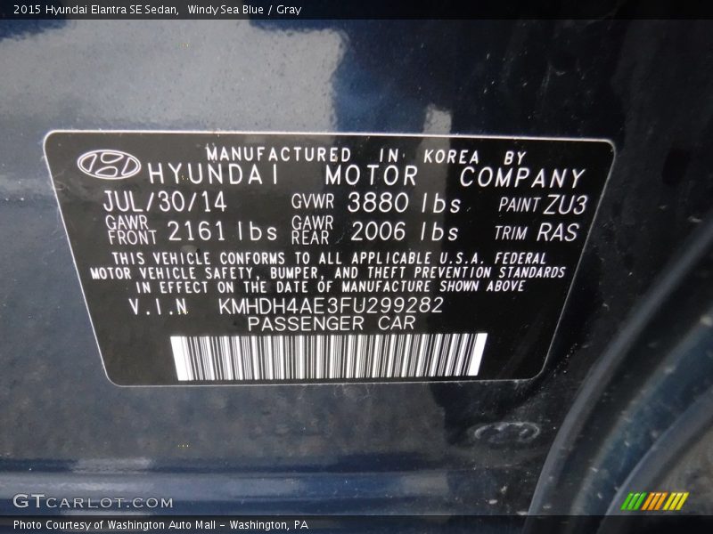 Windy Sea Blue / Gray 2015 Hyundai Elantra SE Sedan