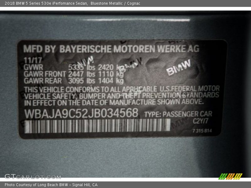 Bluestone Metallic / Cognac 2018 BMW 5 Series 530e iPerfomance Sedan