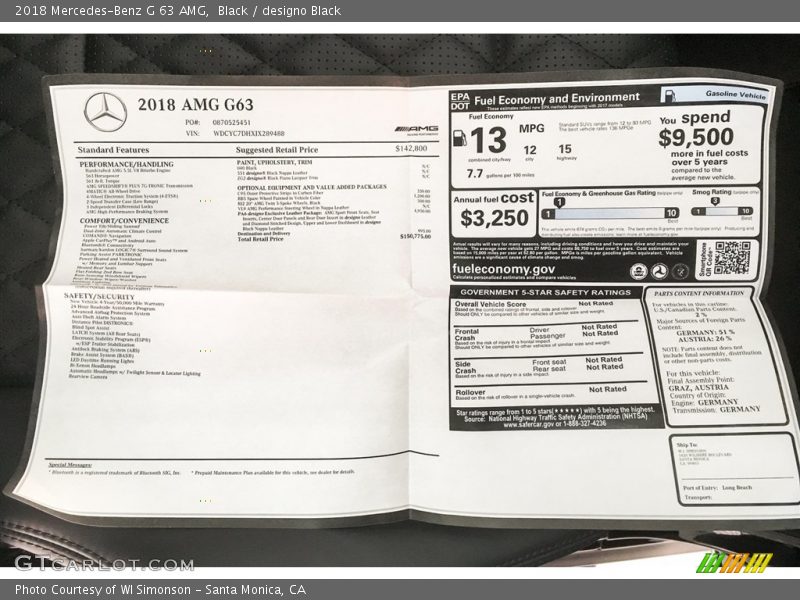  2018 G 63 AMG Window Sticker