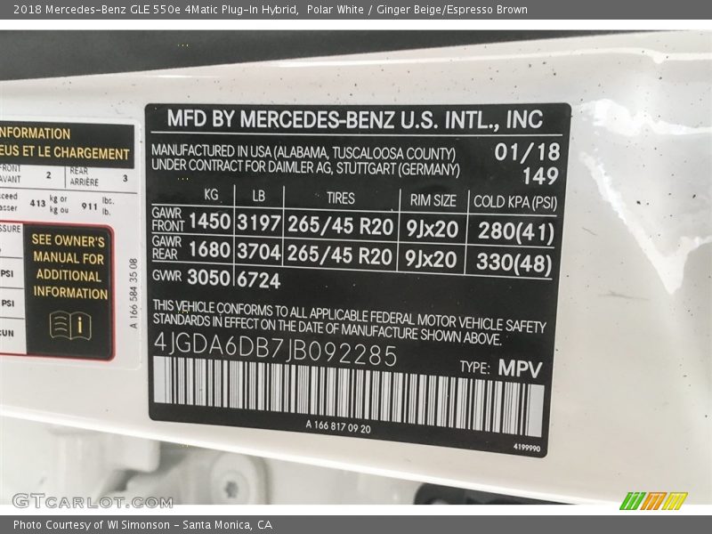2018 GLE 550e 4Matic Plug-In Hybrid Polar White Color Code 149