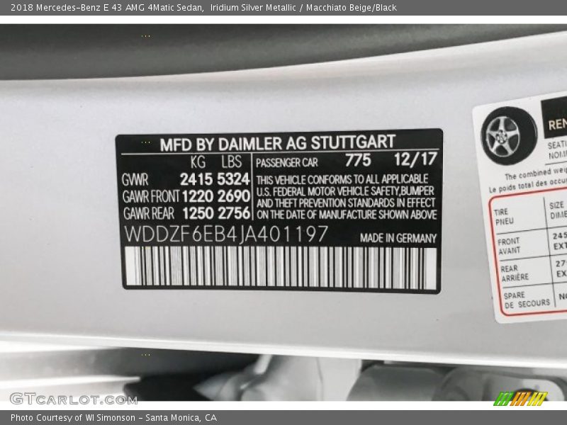 2018 E 43 AMG 4Matic Sedan Iridium Silver Metallic Color Code 775