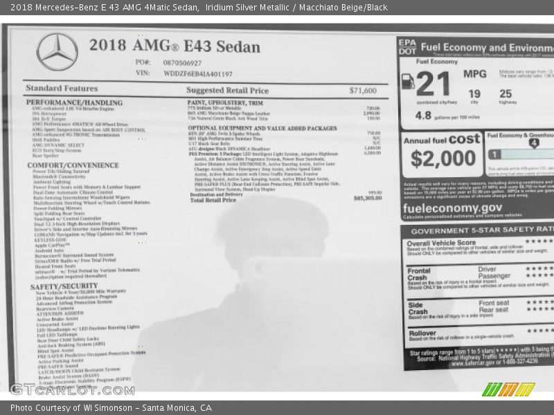  2018 E 43 AMG 4Matic Sedan Window Sticker