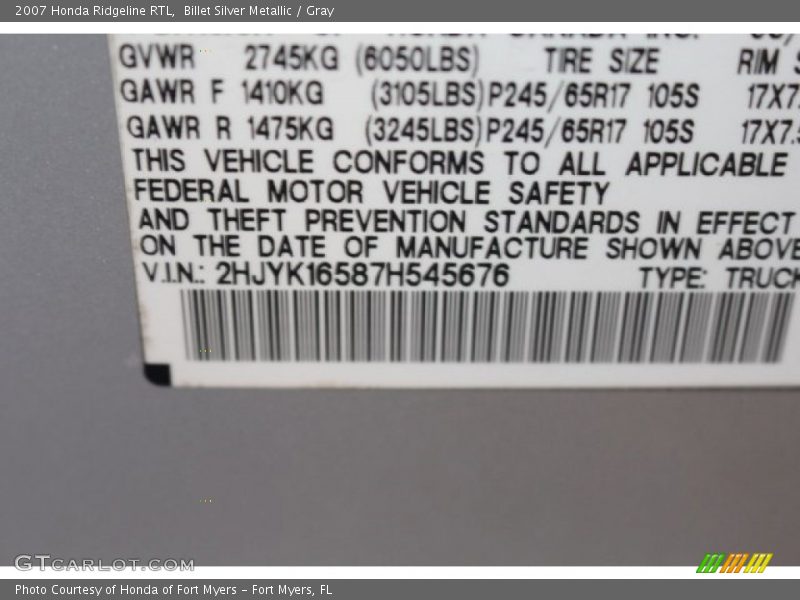 Billet Silver Metallic / Gray 2007 Honda Ridgeline RTL