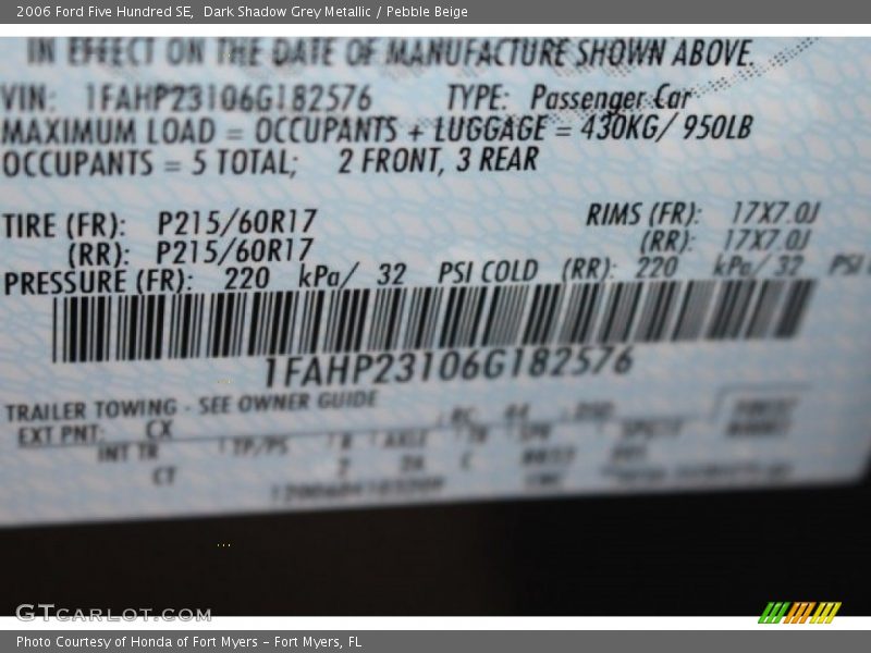 Dark Shadow Grey Metallic / Pebble Beige 2006 Ford Five Hundred SE