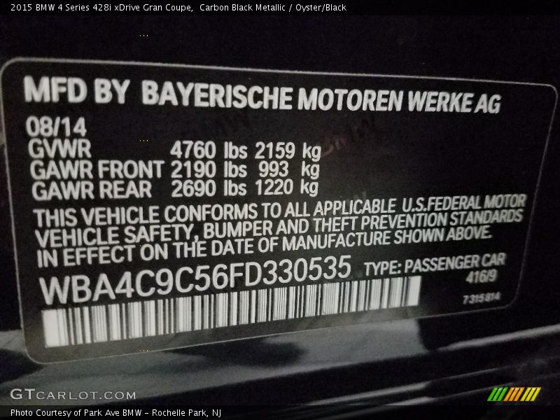 Carbon Black Metallic / Oyster/Black 2015 BMW 4 Series 428i xDrive Gran Coupe