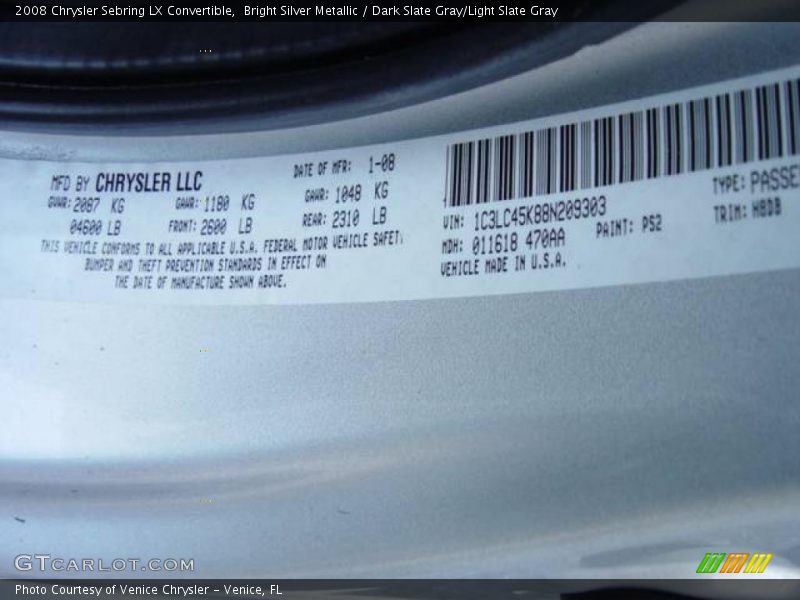 Bright Silver Metallic / Dark Slate Gray/Light Slate Gray 2008 Chrysler Sebring LX Convertible