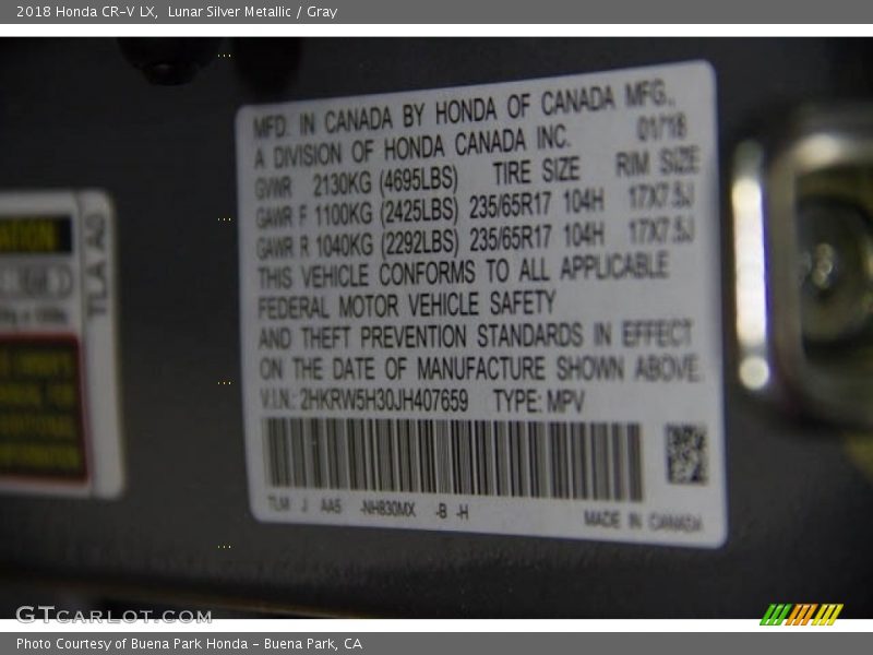 Lunar Silver Metallic / Gray 2018 Honda CR-V LX