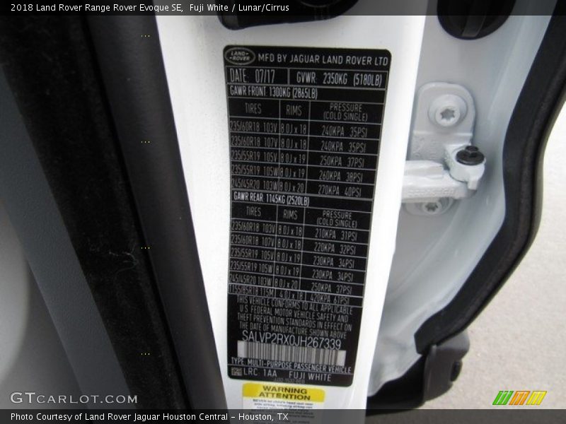 Fuji White / Lunar/Cirrus 2018 Land Rover Range Rover Evoque SE