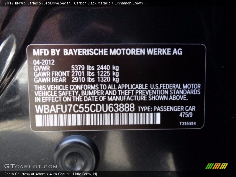 Carbon Black Metallic / Cinnamon Brown 2012 BMW 5 Series 535i xDrive Sedan