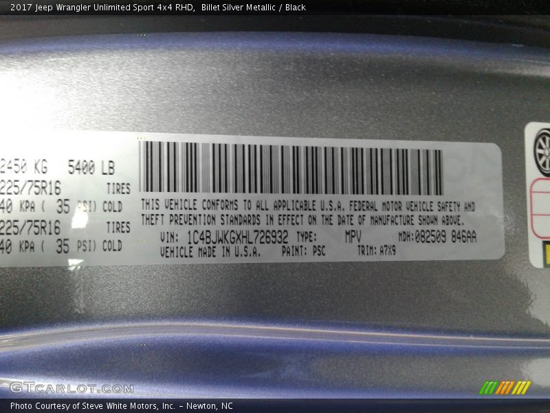 2017 Wrangler Unlimited Sport 4x4 RHD Billet Silver Metallic Color Code PSC