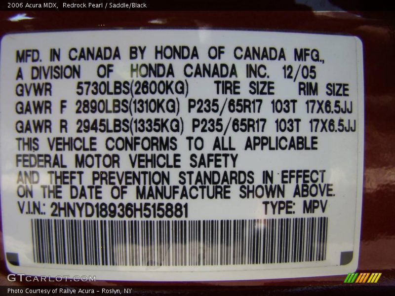 Redrock Pearl / Saddle/Black 2006 Acura MDX