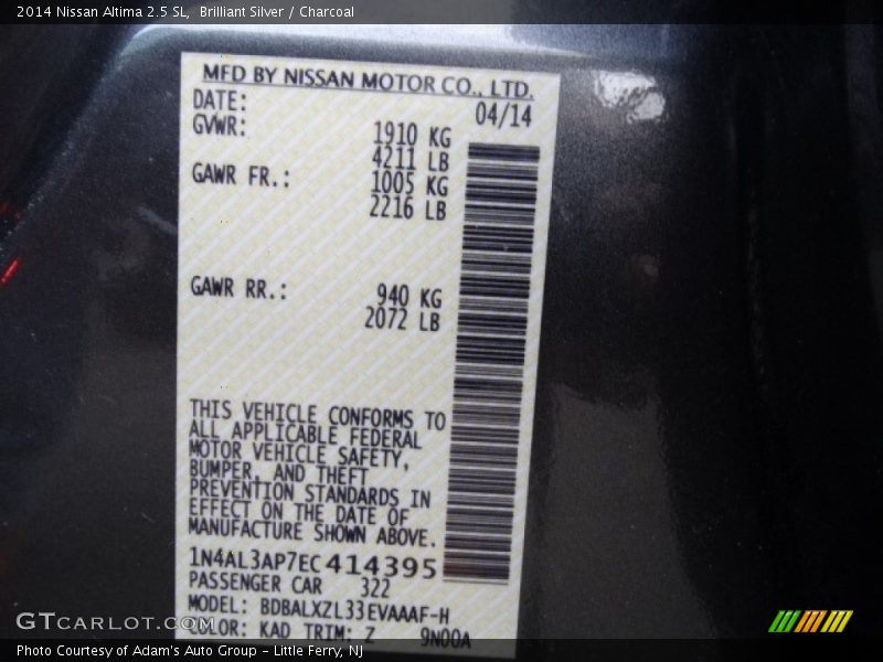Brilliant Silver / Charcoal 2014 Nissan Altima 2.5 SL