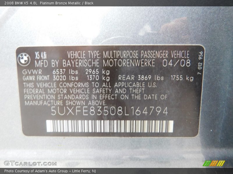 Platinum Bronze Metallic / Black 2008 BMW X5 4.8i
