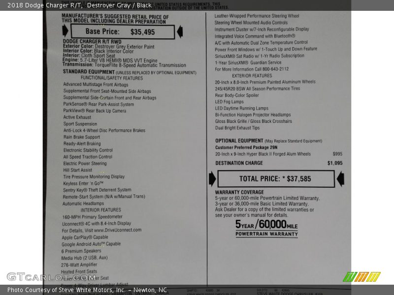 Destroyer Gray / Black 2018 Dodge Charger R/T