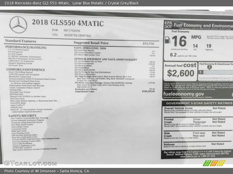  2018 GLS 550 4Matic Window Sticker