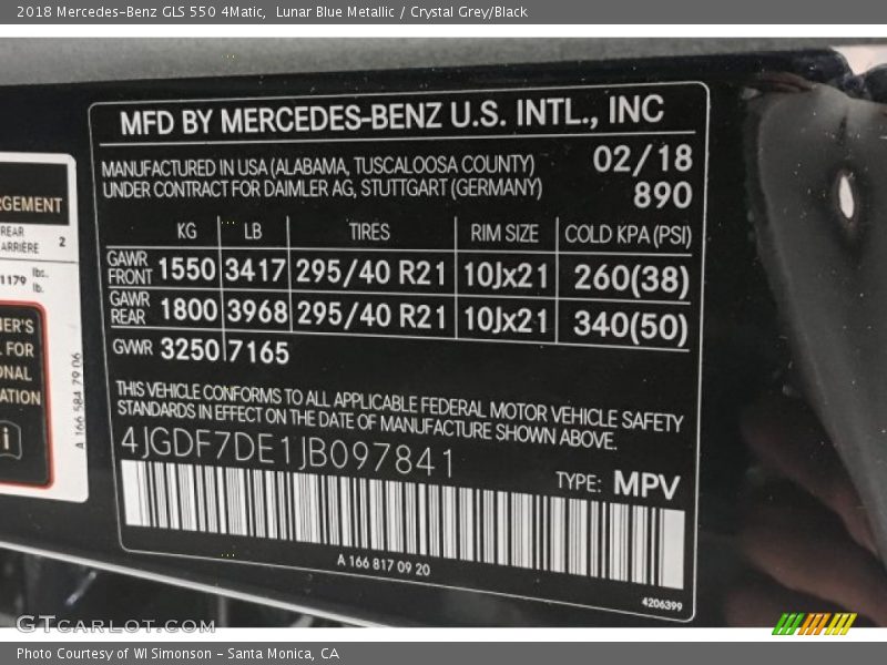 2018 GLS 550 4Matic Lunar Blue Metallic Color Code 890