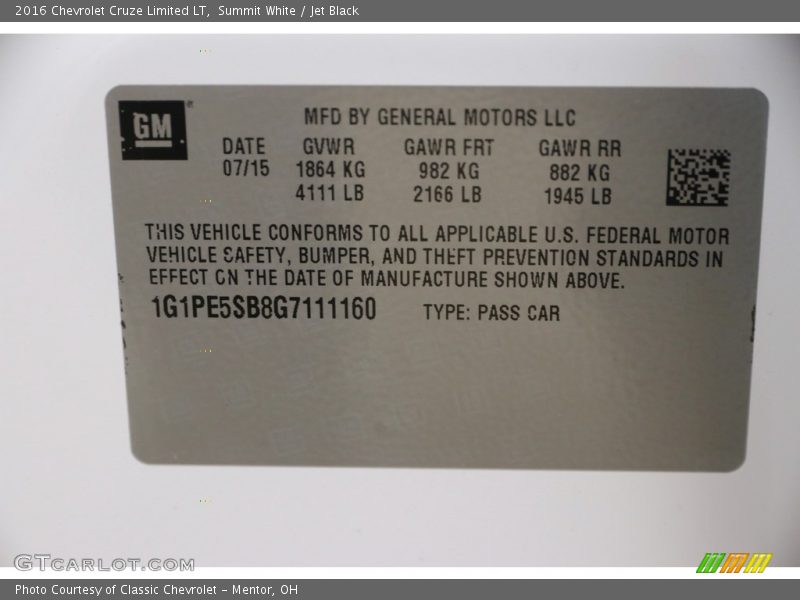 Summit White / Jet Black 2016 Chevrolet Cruze Limited LT