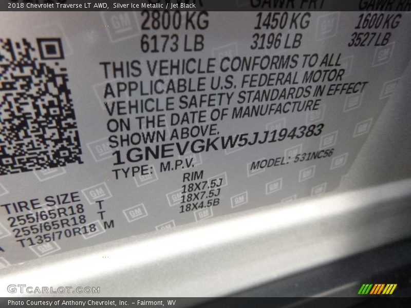 Silver Ice Metallic / Jet Black 2018 Chevrolet Traverse LT AWD