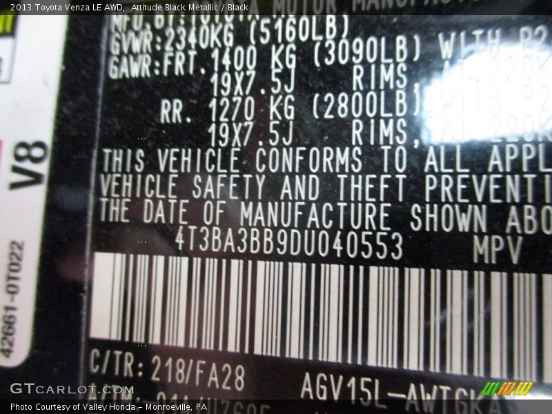 Attitude Black Metallic / Black 2013 Toyota Venza LE AWD