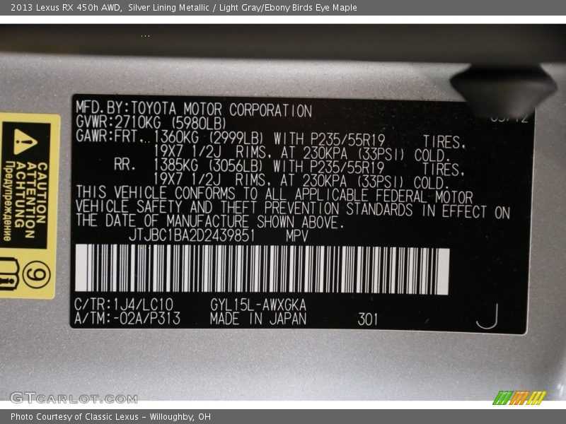 Silver Lining Metallic / Light Gray/Ebony Birds Eye Maple 2013 Lexus RX 450h AWD