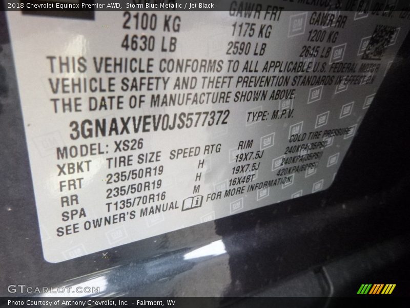 Storm Blue Metallic / Jet Black 2018 Chevrolet Equinox Premier AWD