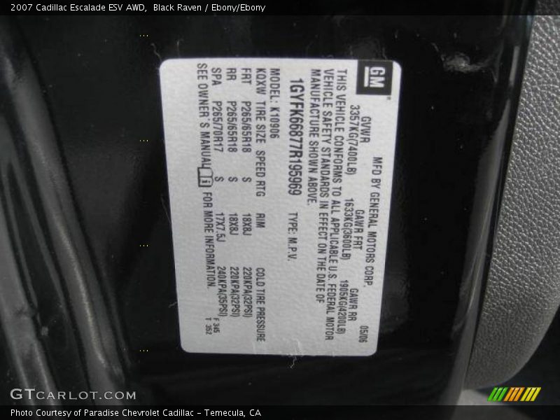 Black Raven / Ebony/Ebony 2007 Cadillac Escalade ESV AWD