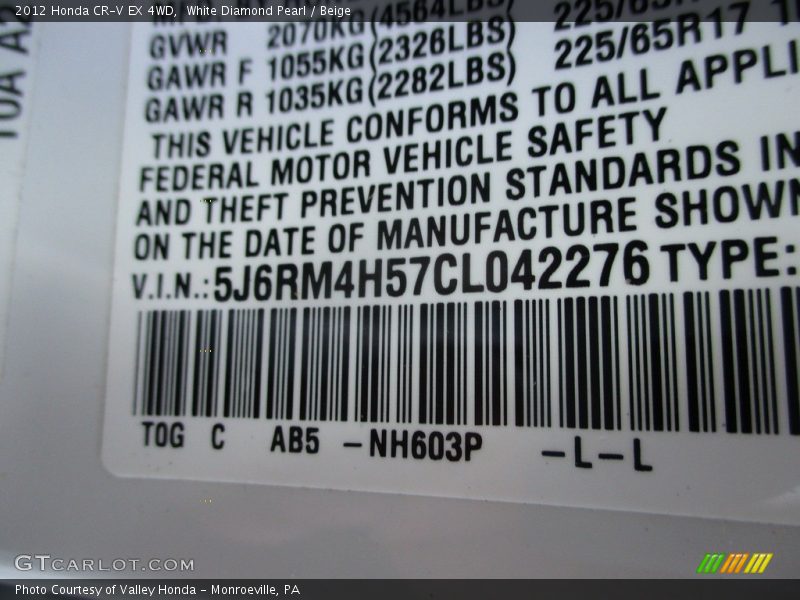 White Diamond Pearl / Beige 2012 Honda CR-V EX 4WD