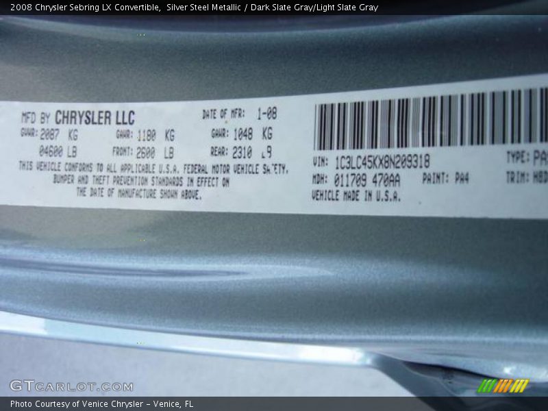 Silver Steel Metallic / Dark Slate Gray/Light Slate Gray 2008 Chrysler Sebring LX Convertible