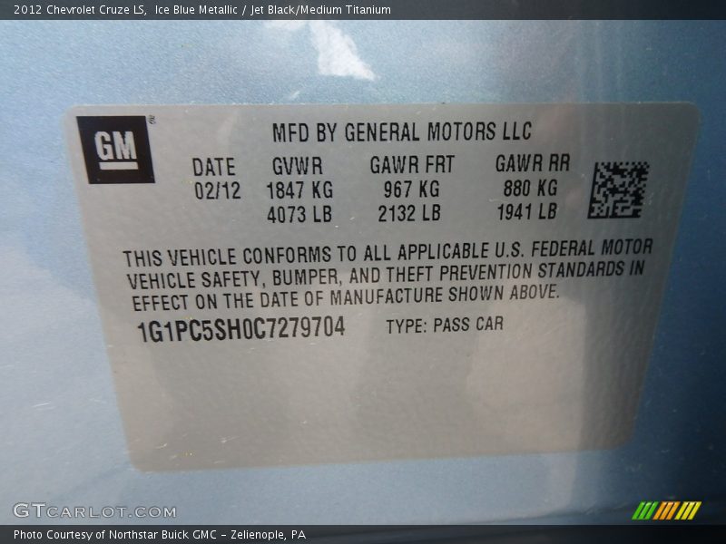 Ice Blue Metallic / Jet Black/Medium Titanium 2012 Chevrolet Cruze LS