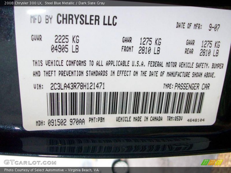 Steel Blue Metallic / Dark Slate Gray 2008 Chrysler 300 LX