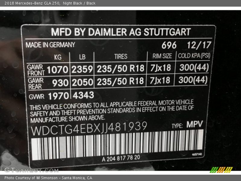 Night Black / Black 2018 Mercedes-Benz GLA 250