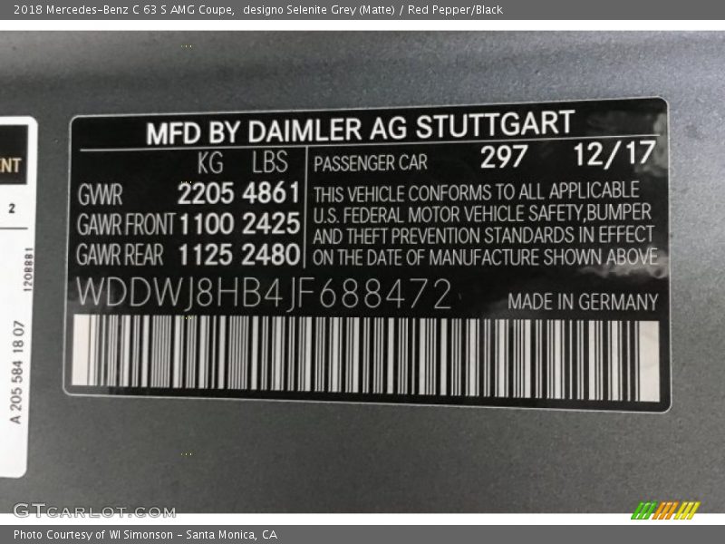 2018 C 63 S AMG Coupe designo Selenite Grey (Matte) Color Code 297