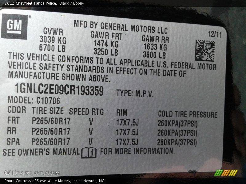 Black / Ebony 2012 Chevrolet Tahoe Police